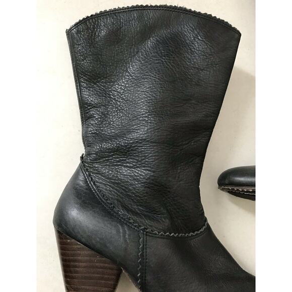 All Black Leather Pull On Calf Boots Green FLAWS - Picture 3 of 10